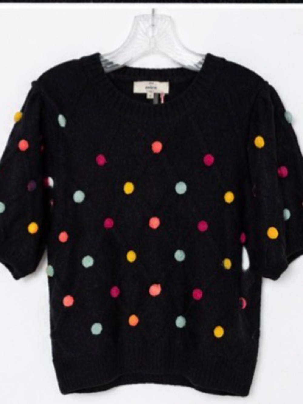 Entro NWT Black Multicolor Pom Pom Puff Sleeve Knit Sweater Top Small